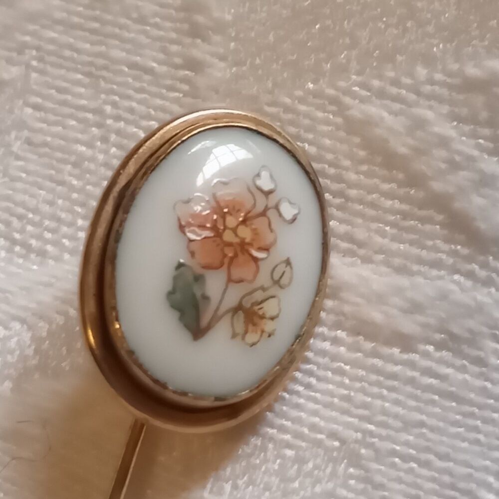 Lenox 14K Gold Filled Enamel peach Floral wildflower Hand Painted Stick Pin 2.5"
